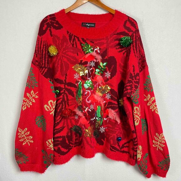 Ugly Christmas Sweater with Flamingos and Feathers by 33 Degrees Womens Size XXL - Picture 1 of 9